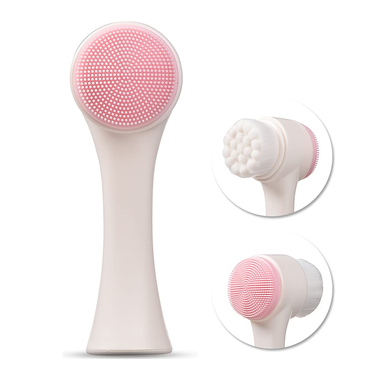 Wolpin Facial Cleaning Brush Double Sided Deep Pore Cleaning Manual 2-in-1 Face Cleansing Exfoliating Brush Facial Wash Massage Soft Silicone Scrubber (Pink)