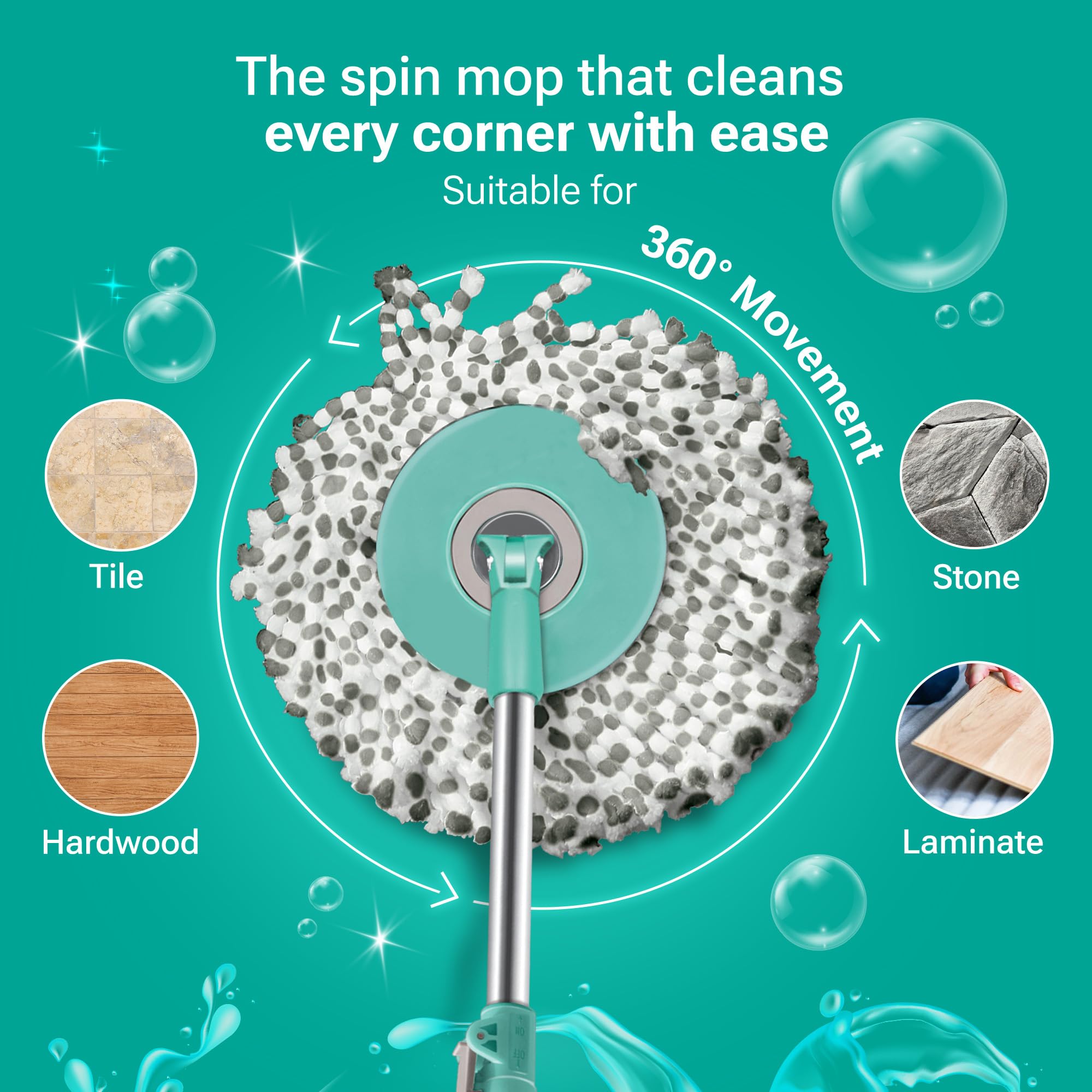 Spotzero by Milton Prime Stainless Steel Wringer Spin Mop with Big Wheel, Puller Handle, Bucket Floor Cleaning and Mopping System 360° Flexible,2 Microfiber Refills, Big Size, Aqua Green