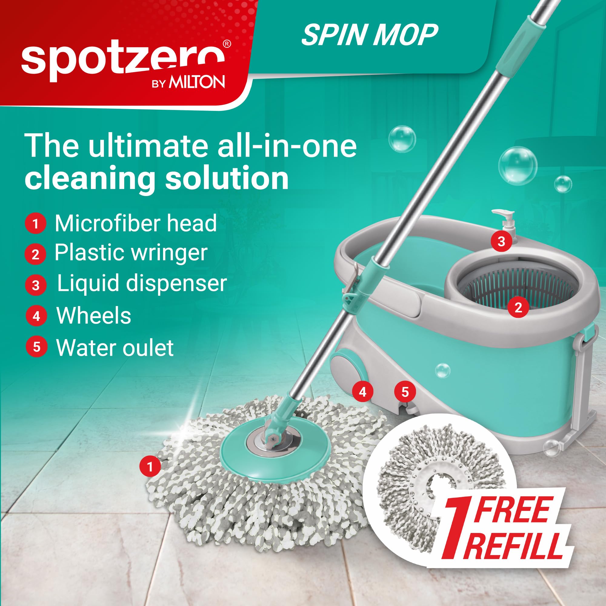 Spotzero by Milton Prime Stainless Steel Wringer Spin Mop with Big Wheel, Puller Handle, Bucket Floor Cleaning and Mopping System 360° Flexible,2 Microfiber Refills, Big Size, Aqua Green